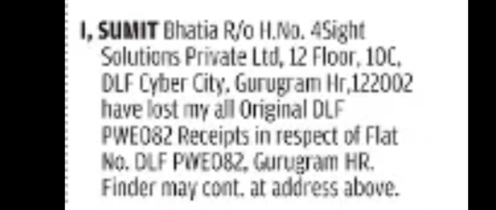 Lost DLF Property Receipts Notice