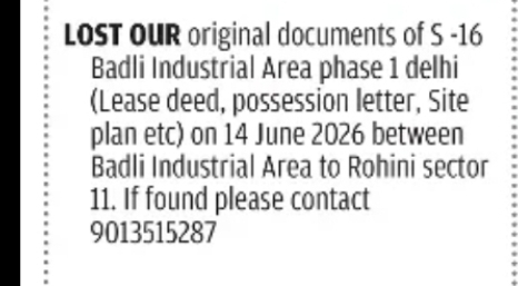 LOST DOCUMENT NOTICE – BADLI INDUSTRIAL AREA