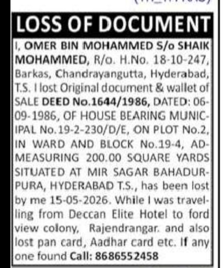 Lost Document Notice – Hyderabad