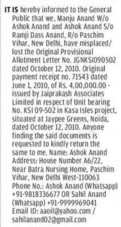 Lost Document Notice (Jaypee Greens, Noida)
