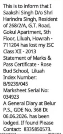 LOST DOCUMENT NOTICE (MARKSHEET & CERTIFICATE)