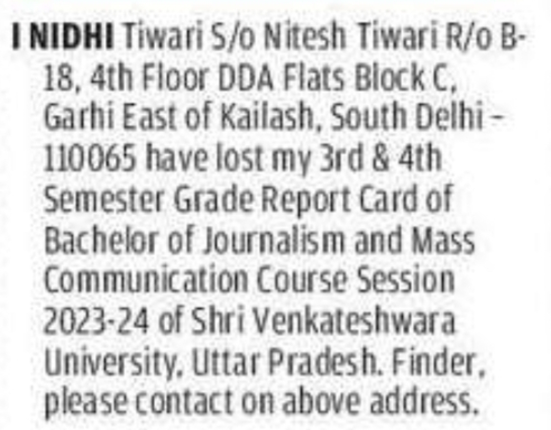 📄 Lost Document Notice – Nidhi Tiwari