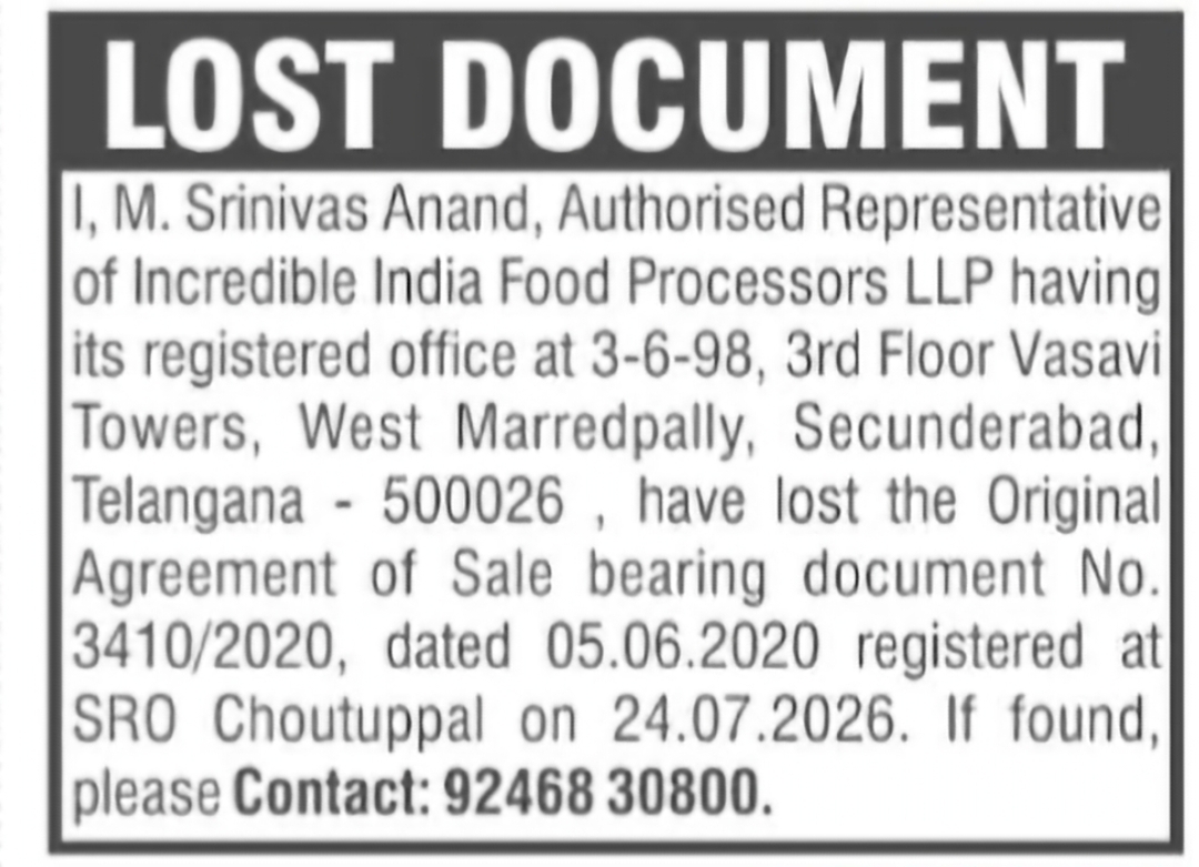 Lost Document Notice – Original Agreement of Sale