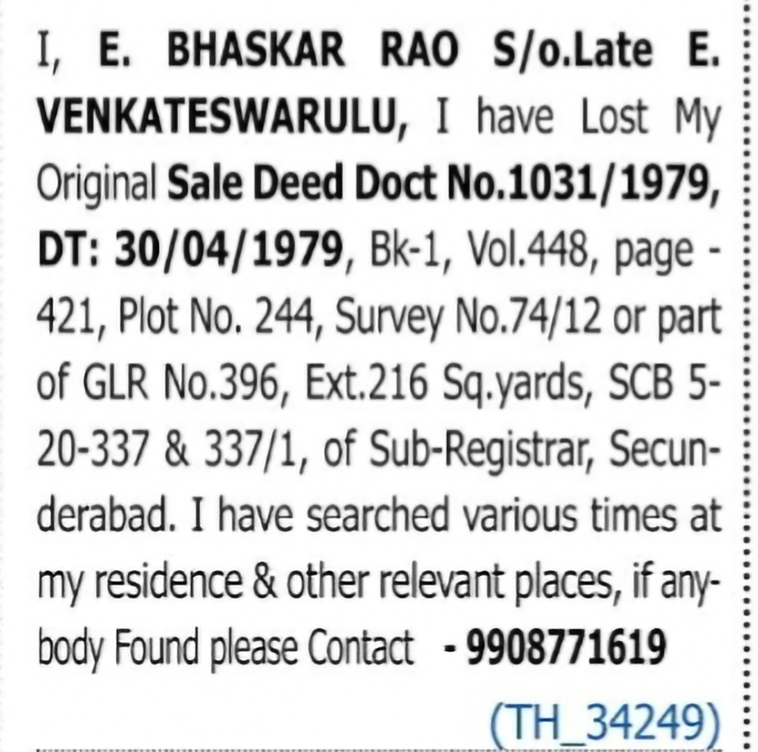 Lost Document Notice – Original Sale Deed Missing