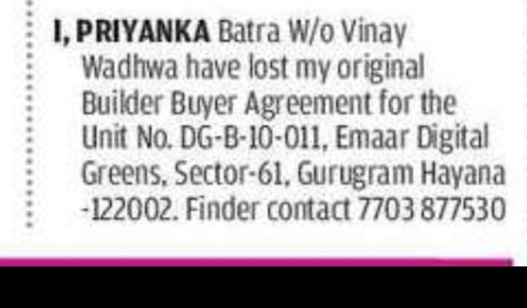 Lost Document Notice – PRIYANKA BATRA