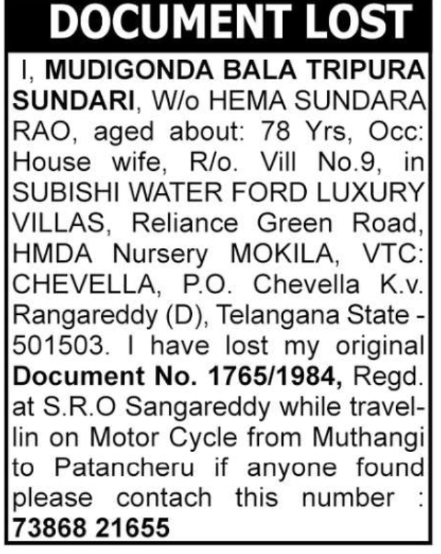 Lost Document Notice – Telangana