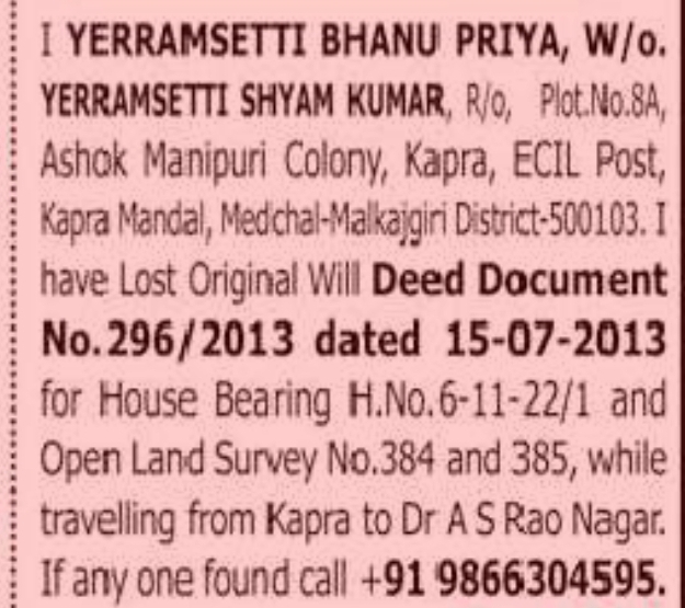 LOST DOCUMENT NOTICE