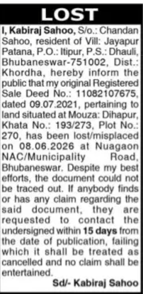LOST DOCUMENT NOTICE