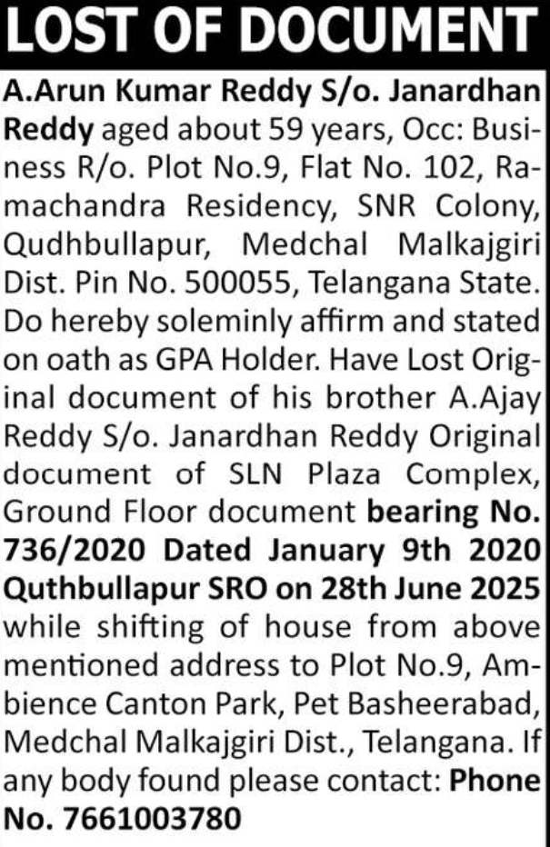 LOST DOCUMENT NOTICE