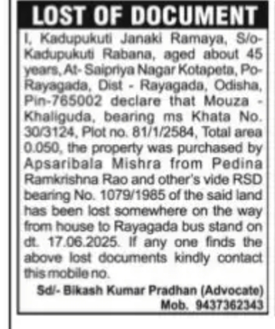 LOST DOCUMENT NOTICE