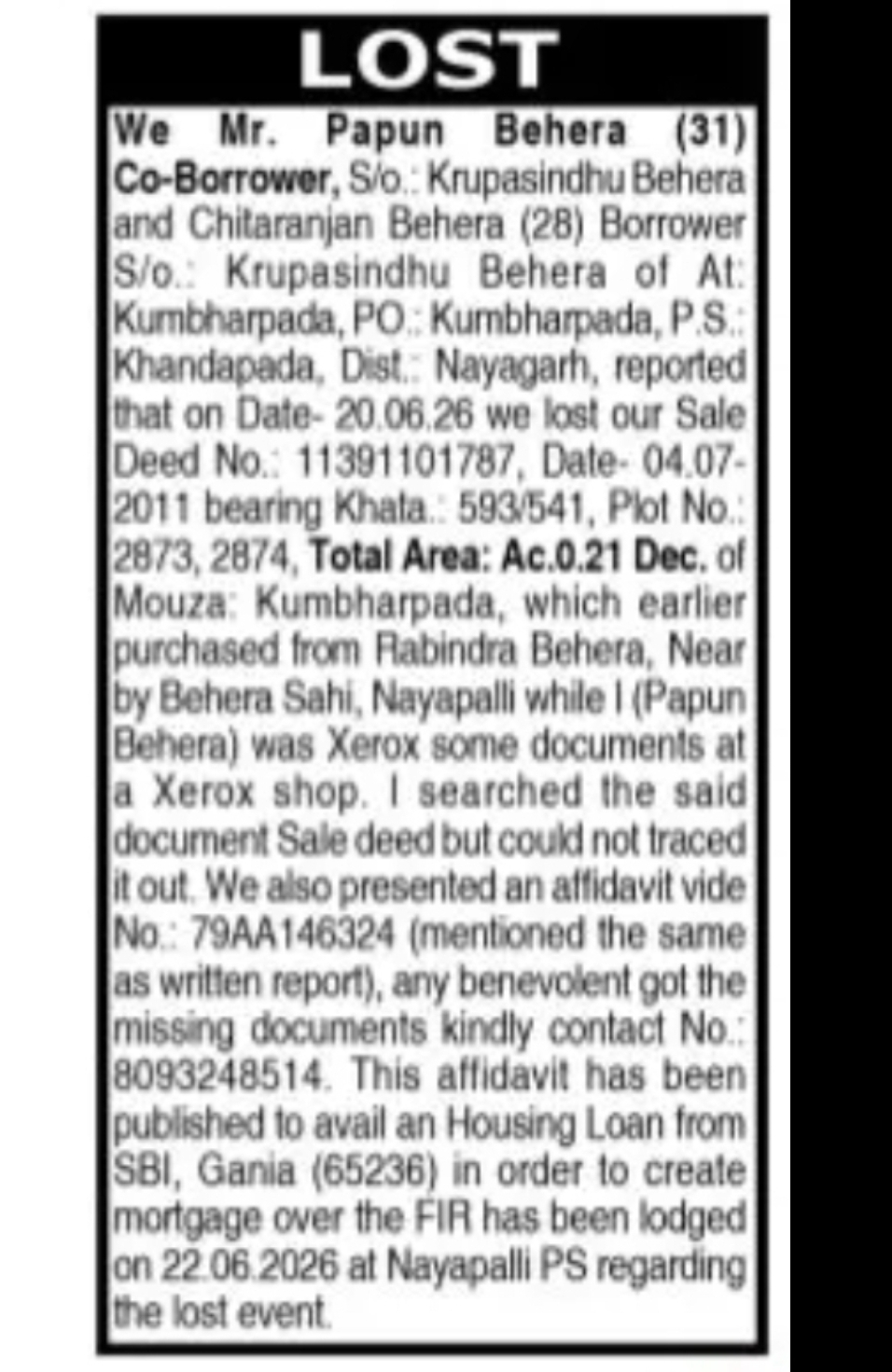 LOST DOCUMENT NOTICE
