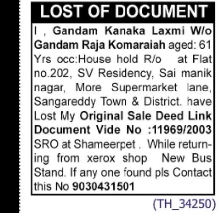 Lost Document Notice (Document No. 11969/2003, SRO Shameerpet)