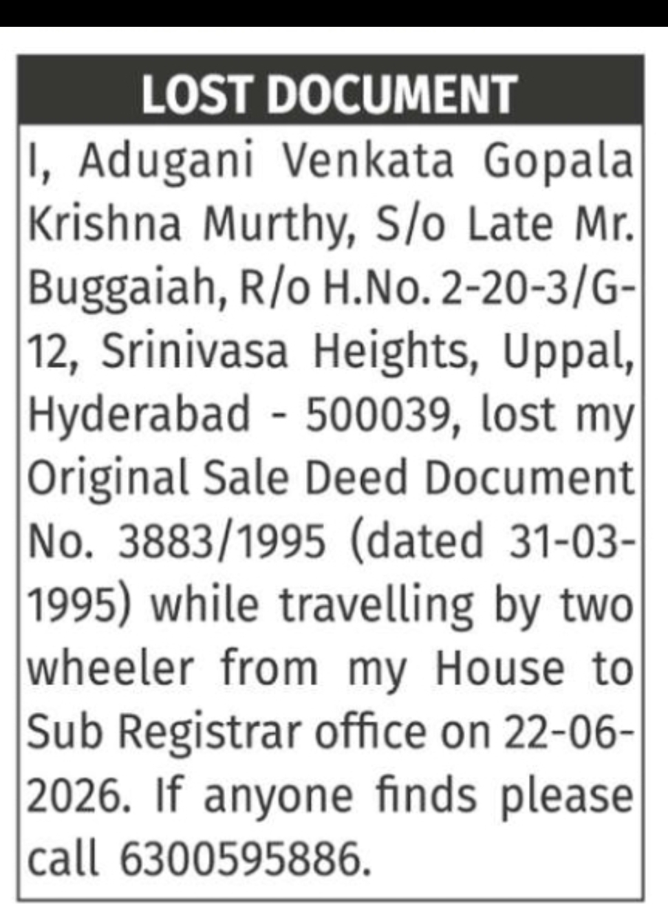 LOST DOCUMENT – Original Sale Deed Missing Mr. Adugani Venkata Gopala Krishna Murthy