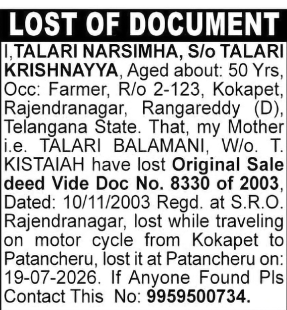 Lost Document – Original Sale Deed