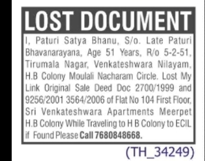 LOST DOCUMENT – ORIGINAL SALE DEEDS Paturi Satya Bhanu