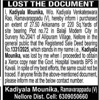 Lost Document – Registered Sale Deed Kadiyala Mounika