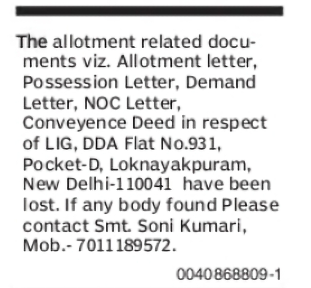 Lost Documents Notice – DDA Flat Documents