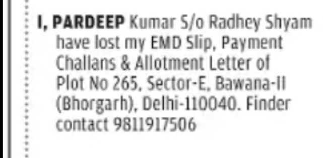 Lost EMD Slip, Payment Challans & Allotment Letter – Plot No. 265