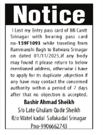 Lost Entry Pass Card Notice – Bashir Ahmad Sheikh