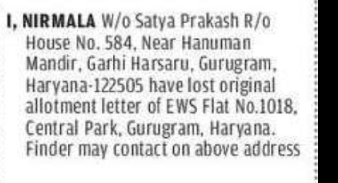 Lost EWS Flat Allotment Letter Notice