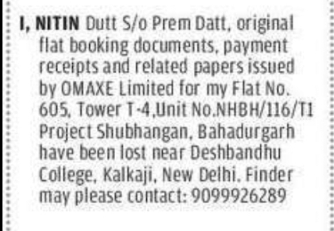 Lost Flat Booking Documents Notice