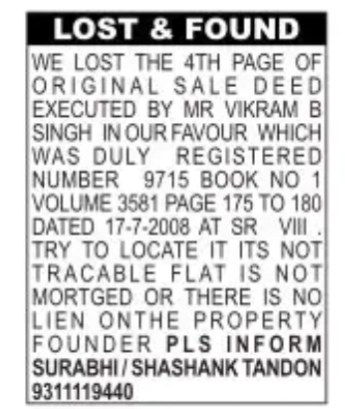 Lost & Found – Missing Page of Original Sale Deed