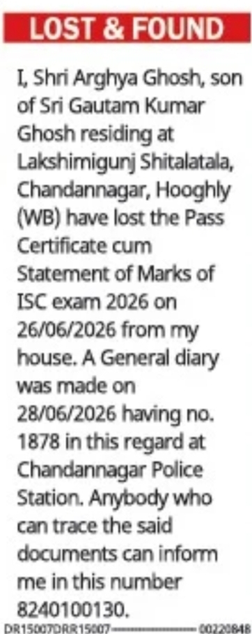 Lost ISC 2026 Pass Certificate cum Statement of Marks – Public Notice