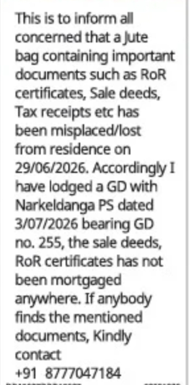 Lost Jute Bag Containing Important Property Documents