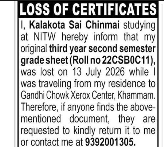 Lost NIT Warangal Grade Sheet – Khammam