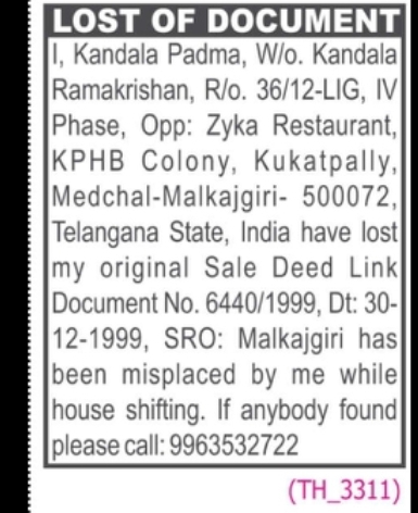 LOST OF DOCUMENT – SALE DEED