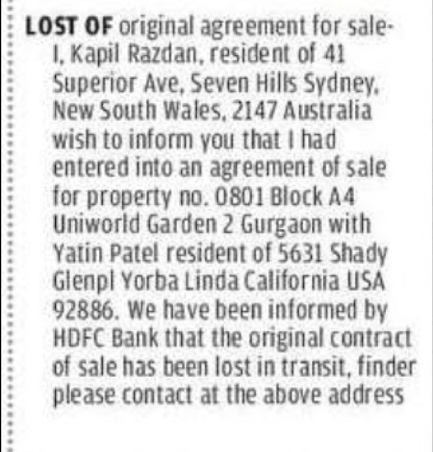 Lost Original Agreement  – Gurgaon Property