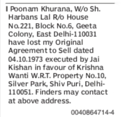 Lost Original Agreement to Sell – Silver Park, Shiv Puri
