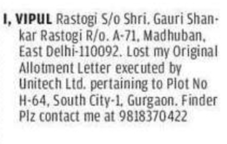 Lost Original Allotment Letter – South City-1 Gurgaon