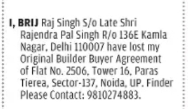 Lost Original Builder Buyer Agreement – Flat No. 2506, Tower 16