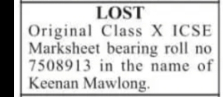 Lost Original Class X ICSE Marksheet