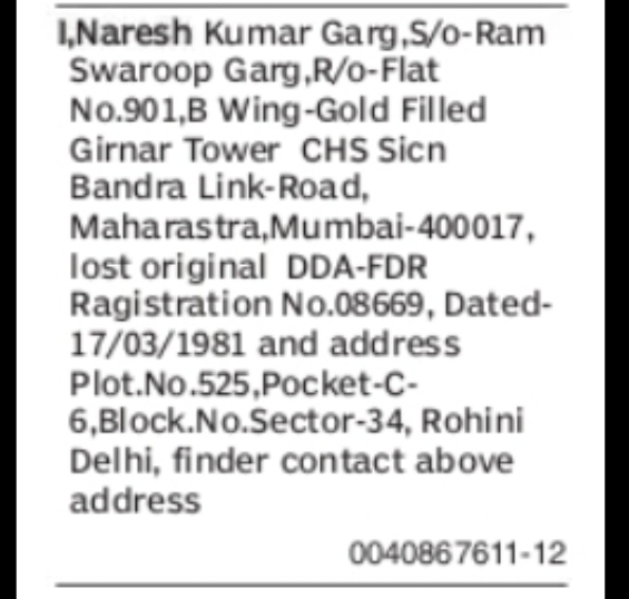 Lost Original DDA FDR Registration Document – Naresh Kumar Garg