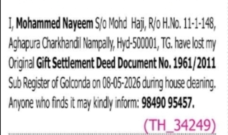 Lost Original Gift Settlement Deed DocumentDocument No. 1961/2011,