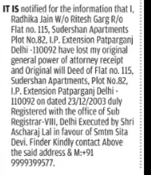Lost Original GPA Receipt & Registered Will Deed – Sudershan Apartments
