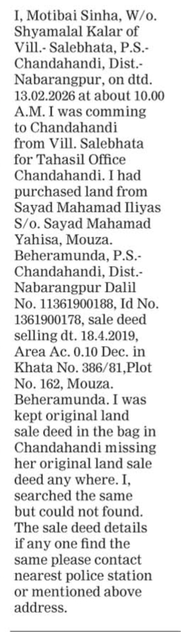 Lost Original Land Sale Deed Notice – Nabarangpur