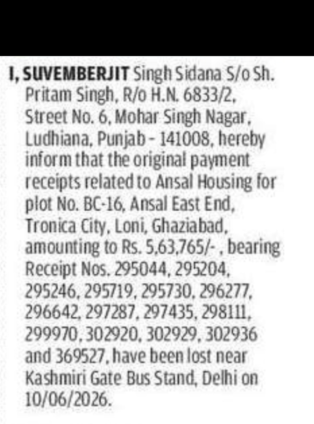 Lost Original Payment Receipts of Ansal Housing Plot – Tronica City, Ghaziabad