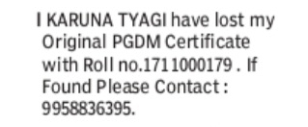 Lost Original PGDM Certificate – Karuna Tyagi