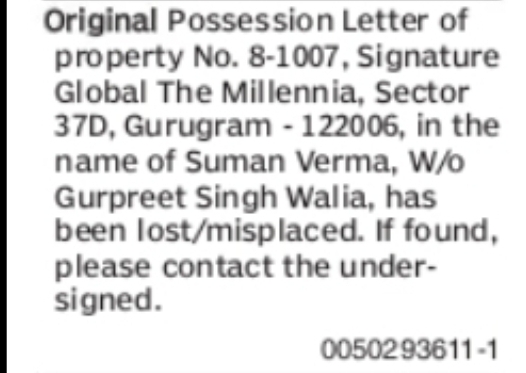 Lost Original Possession Letter – Signature Global The Millennia, Gurugram