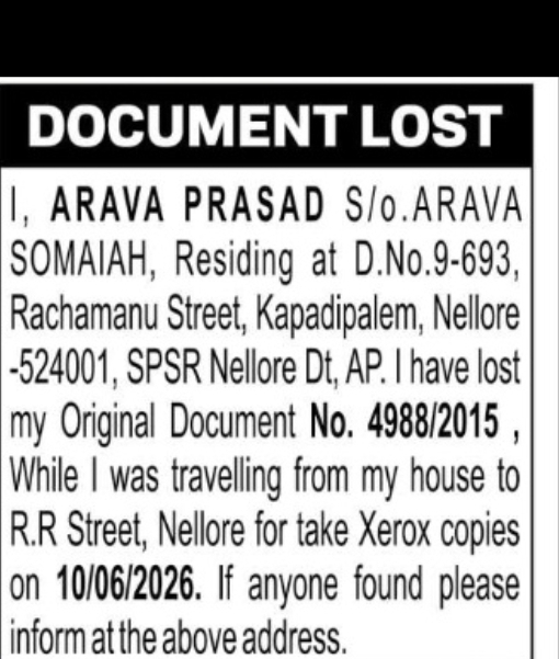 Lost Original Property Document No.498/2015