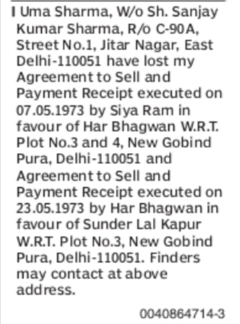 Lost Original Property Documents – New Gobind Pura
