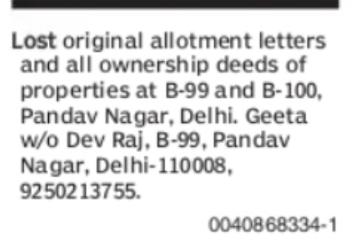 Lost Original Property Documents – Pandav Nagar Delhi