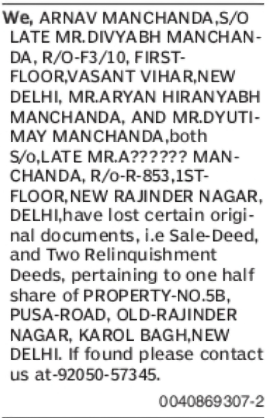 Lost Original Property Documents – Property No. 5B, Pusa Road, Old Rajinder Nagar, New Delhi