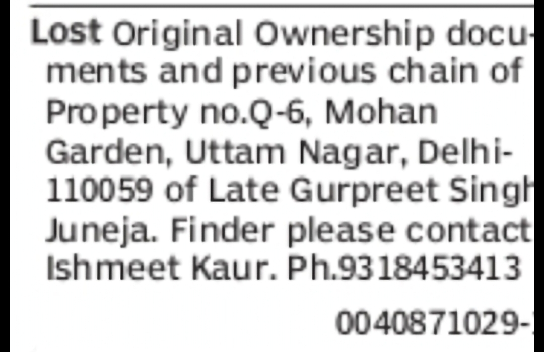 Lost Original Property Ownership Documents – Mohan Garden