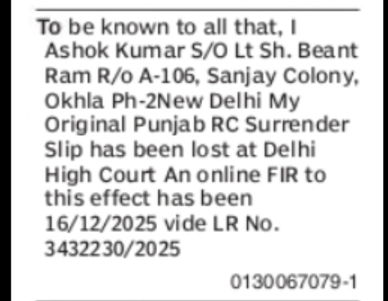 Lost Original Punjab RC Surrender Slip – Ashok Kumar