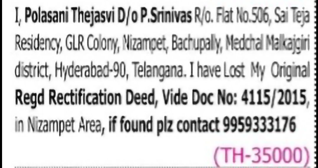 Lost Original Registered Rectification Deed – Polasani Thejasvi | Hyderabad