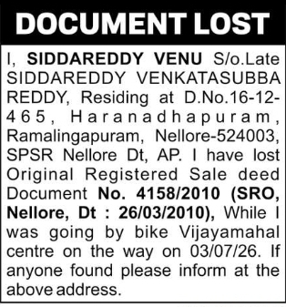 Lost Original Registered Sale Deed Notice